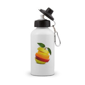 Бутылка спортивная с принтом мега яблоко в Тюмени, металл | емкость — 500 мл, в комплекте две пластиковые крышки и карабин для крепления | апельсин | брызги | вода | лимон | фрукты | яблоко