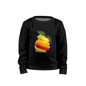 Детский свитшот хлопок с принтом мега яблоко в Тюмени, 100% хлопок | круглый вырез горловины, эластичные манжеты, пояс и воротник | Тематика изображения на принте: апельсин | брызги | вода | лимон | фрукты | яблоко