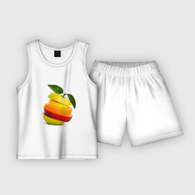 Детская пижама с шортами хлопок с принтом мега яблоко в Тюмени,  |  | Тематика изображения на принте: апельсин | брызги | вода | лимон | фрукты | яблоко
