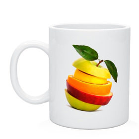 Кружка с принтом мега яблоко в Тюмени, керамика | объем — 330 мл, диаметр — 80 мм. Принт наносится на бока кружки, можно сделать два разных изображения | апельсин | брызги | вода | лимон | фрукты | яблоко