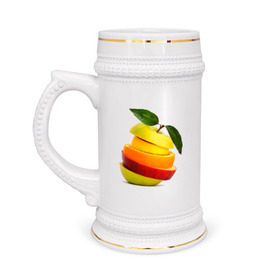Кружка пивная с принтом мега яблоко в Тюмени,  керамика (Материал выдерживает высокую температуру, стоит избегать резкого перепада температур) |  объем 630 мл | апельсин | брызги | вода | лимон | фрукты | яблоко