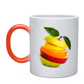 Кружка хамелеон с принтом мега яблоко в Тюмени, керамика | меняет цвет при нагревании, емкость 330 мл | апельсин | брызги | вода | лимон | фрукты | яблоко