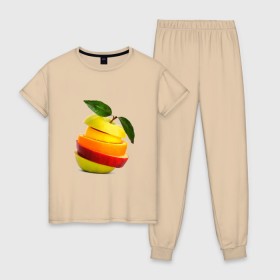 Женская пижама хлопок с принтом мега яблоко в Тюмени, 100% хлопок | брюки и футболка прямого кроя, без карманов, на брюках мягкая резинка на поясе и по низу штанин | апельсин | брызги | вода | лимон | фрукты | яблоко
