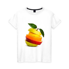 Женская футболка хлопок с принтом мега яблоко в Тюмени, 100% хлопок | прямой крой, круглый вырез горловины, длина до линии бедер, слегка спущенное плечо | Тематика изображения на принте: апельсин | брызги | вода | лимон | фрукты | яблоко