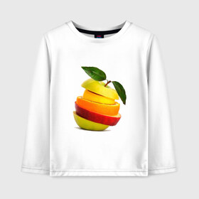 Детский лонгслив хлопок с принтом мега яблоко в Тюмени, 100% хлопок | круглый вырез горловины, полуприлегающий силуэт, длина до линии бедер | апельсин | брызги | вода | лимон | фрукты | яблоко