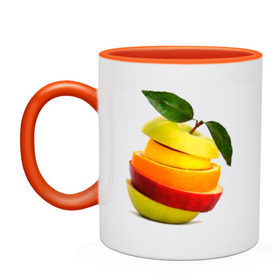 Кружка двухцветная с принтом мега яблоко в Тюмени, керамика | объем — 330 мл, диаметр — 80 мм. Цветная ручка и кайма сверху, в некоторых цветах — вся внутренняя часть | апельсин | брызги | вода | лимон | фрукты | яблоко