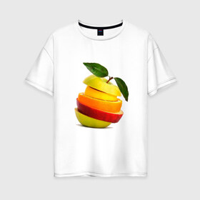 Женская футболка хлопок Oversize с принтом мега яблоко в Тюмени, 100% хлопок | свободный крой, круглый ворот, спущенный рукав, длина до линии бедер
 | апельсин | брызги | вода | лимон | фрукты | яблоко