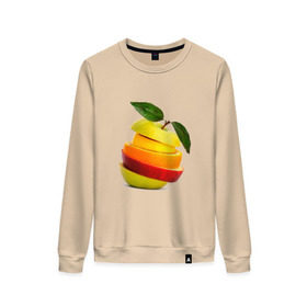 Женский свитшот хлопок с принтом мега яблоко в Тюмени, 100% хлопок | прямой крой, круглый вырез, на манжетах и по низу широкая трикотажная резинка  | апельсин | брызги | вода | лимон | фрукты | яблоко