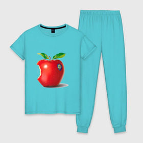 Женская пижама хлопок с принтом откусанное яблоко в Тюмени, 100% хлопок | брюки и футболка прямого кроя, без карманов, на брюках мягкая резинка на поясе и по низу штанин | apple | вкусное | девушкам | фрукты | фрукты и ягоды | яблоко