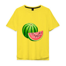 Мужская футболка хлопок Oversize с принтом Арбуз и долька в Тюмени, 100% хлопок | свободный крой, круглый ворот, “спинка” длиннее передней части | Тематика изображения на принте: арбуз | вкусное | девушкам | долька | фрукты | фрукты и ягоды