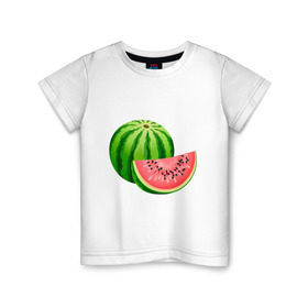 Детская футболка хлопок с принтом Арбуз и долька в Тюмени, 100% хлопок | круглый вырез горловины, полуприлегающий силуэт, длина до линии бедер | арбуз | вкусное | девушкам | долька | фрукты | фрукты и ягоды