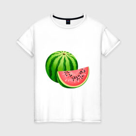 Женская футболка хлопок с принтом Арбуз и долька в Тюмени, 100% хлопок | прямой крой, круглый вырез горловины, длина до линии бедер, слегка спущенное плечо | арбуз | вкусное | девушкам | долька | фрукты | фрукты и ягоды