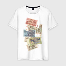 Мужская футболка хлопок с принтом Советские рубли в Тюмени, 100% хлопок | прямой крой, круглый вырез горловины, длина до линии бедер, слегка спущенное плечо. | деньги | ностальгия | советский рубль | советский союз | ссср | старые деньги