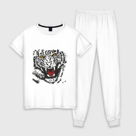 Женская пижама хлопок с принтом Тигр с клыками в Тюмени, 100% хлопок | брюки и футболка прямого кроя, без карманов, на брюках мягкая резинка на поясе и по низу штанин | животные | животный мир | зубастый тигр | тирг