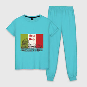 Женская пижама хлопок с принтом Я love Италия в Тюмени, 100% хлопок | брюки и футболка прямого кроя, без карманов, на брюках мягкая резинка на поясе и по низу штанин | i love italy | италия | колизей | рим | флаг италии | я люблю италию