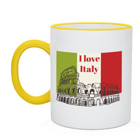 Кружка двухцветная с принтом Я love Италия в Тюмени, керамика | объем — 330 мл, диаметр — 80 мм. Цветная ручка и кайма сверху, в некоторых цветах — вся внутренняя часть | i love italy | италия | колизей | рим | флаг италии | я люблю италию