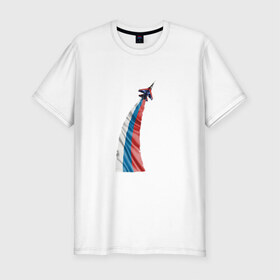 Мужская футболка премиум с принтом Су-35 в Тюмени, 92% хлопок, 8% лайкра | приталенный силуэт, круглый вырез ворота, длина до линии бедра, короткий рукав | ввс | военно воздушные силы | самолет | силовые структуры | су 35 | су35
