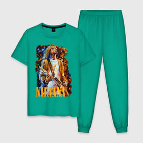 Мужская пижама хлопок с принтом Nirvana Kurt Cobain в Тюмени, 100% хлопок | брюки и футболка прямого кроя, без карманов, на брюках мягкая резинка на поясе и по низу штанин
 | kurt cobain | nirvana | курт кобейн | нирвана