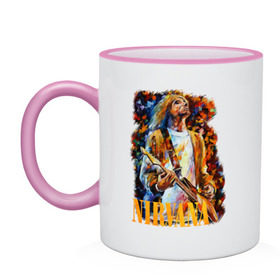 Кружка двухцветная с принтом Nirvana Kurt Cobain в Тюмени, керамика | объем — 330 мл, диаметр — 80 мм. Цветная ручка и кайма сверху, в некоторых цветах — вся внутренняя часть | kurt cobain | nirvana | курт кобейн | нирвана