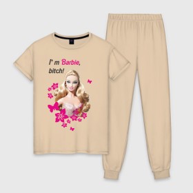 Женская пижама хлопок с принтом I\m Barbie, bitch в Тюмени, 100% хлопок | брюки и футболка прямого кроя, без карманов, на брюках мягкая резинка на поясе и по низу штанин | 90 | 90 е | barbie | барби | кукла | ностальгия