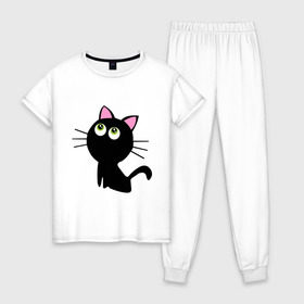 Женская пижама хлопок с принтом Маленький котенок в Тюмени, 100% хлопок | брюки и футболка прямого кроя, без карманов, на брюках мягкая резинка на поясе и по низу штанин | киса | котенок | котик | кошка | черная кошка | черный кот