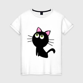 Женская футболка хлопок с принтом Маленький котенок в Тюмени, 100% хлопок | прямой крой, круглый вырез горловины, длина до линии бедер, слегка спущенное плечо | Тематика изображения на принте: киса | котенок | котик | кошка | черная кошка | черный кот