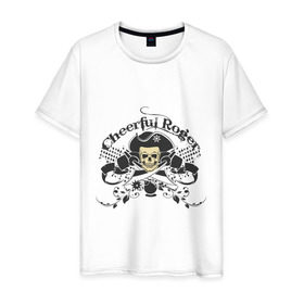 Мужская футболка хлопок с принтом Cheerful Roger в Тюмени, 100% хлопок | прямой крой, круглый вырез горловины, длина до линии бедер, слегка спущенное плечо. | cheerful roger | веселый роджер | пиратская метка | пиратский череп | череп