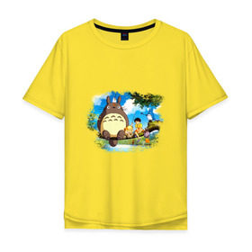 Мужская футболка хлопок Oversize с принтом Тоторо и его друзья в Тюмени, 100% хлопок | свободный крой, круглый ворот, “спинка” длиннее передней части | Тематика изображения на принте: anime | totoro | аниме | анимэ. мой сосед тоторо | тоторо