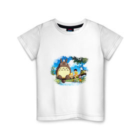 Детская футболка хлопок с принтом Тоторо и его друзья в Тюмени, 100% хлопок | круглый вырез горловины, полуприлегающий силуэт, длина до линии бедер | Тематика изображения на принте: anime | totoro | аниме | анимэ. мой сосед тоторо | тоторо