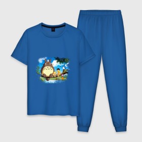 Мужская пижама хлопок с принтом Тоторо и его друзья в Тюмени, 100% хлопок | брюки и футболка прямого кроя, без карманов, на брюках мягкая резинка на поясе и по низу штанин
 | Тематика изображения на принте: anime | totoro | аниме | анимэ. мой сосед тоторо | тоторо