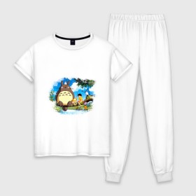 Женская пижама хлопок с принтом Тоторо и его друзья в Тюмени, 100% хлопок | брюки и футболка прямого кроя, без карманов, на брюках мягкая резинка на поясе и по низу штанин | anime | totoro | аниме | анимэ. мой сосед тоторо | тоторо