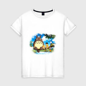 Женская футболка хлопок с принтом Тоторо и его друзья в Тюмени, 100% хлопок | прямой крой, круглый вырез горловины, длина до линии бедер, слегка спущенное плечо | anime | totoro | аниме | анимэ. мой сосед тоторо | тоторо