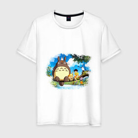 Мужская футболка хлопок с принтом Тоторо и его друзья в Тюмени, 100% хлопок | прямой крой, круглый вырез горловины, длина до линии бедер, слегка спущенное плечо. | Тематика изображения на принте: anime | totoro | аниме | анимэ. мой сосед тоторо | тоторо