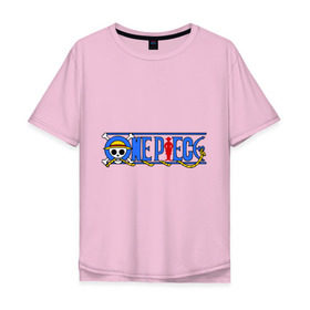 Мужская футболка хлопок Oversize с принтом логотип one piec в Тюмени, 100% хлопок | свободный крой, круглый ворот, “спинка” длиннее передней части | anime | one piece | аниме | анимэ | большой куш | розовый череп | череп