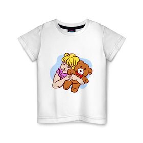 Детская футболка хлопок с принтом Девочка и медведь в Тюмени, 100% хлопок | круглый вырез горловины, полуприлегающий силуэт, длина до линии бедер | Тематика изображения на принте: детские | для ребенка | дочка | игрушка | медведь | медвежонок | мишка | мишутка