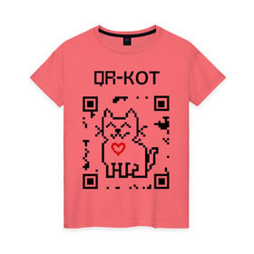 Женская футболка хлопок с принтом QR-code-kote в Тюмени, 100% хлопок | прямой крой, круглый вырез горловины, длина до линии бедер, слегка спущенное плечо | qr код | киса | код | котенок | котик | куар | кьюар