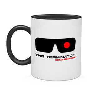 Кружка двухцветная с принтом The Terminator в Тюмени, керамика | объем — 330 мл, диаметр — 80 мм. Цветная ручка и кайма сверху, в некоторых цветах — вся внутренняя часть | Тематика изображения на принте: terminator | очки терминатор | терминатор | шварценеггер | шварцнеггер