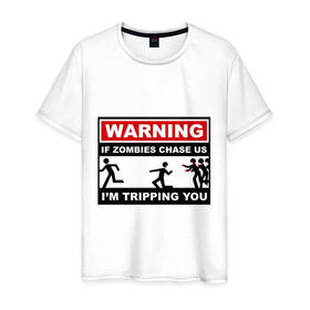 Мужская футболка хлопок с принтом warning zombi в Тюмени, 100% хлопок | прямой крой, круглый вырез горловины, длина до линии бедер, слегка спущенное плечо. | Тематика изображения на принте: 