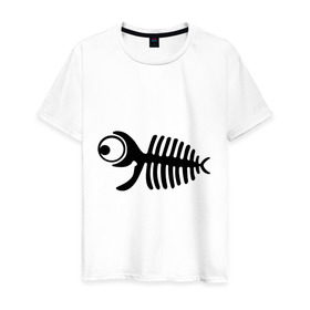 Мужская футболка хлопок с принтом Скелет рыбки в Тюмени, 100% хлопок | прямой крой, круглый вырез горловины, длина до линии бедер, слегка спущенное плечо. | скелет