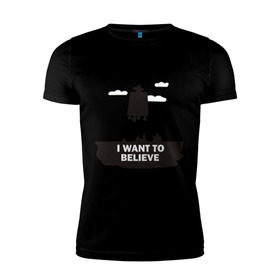 Мужская футболка премиум с принтом I WANT TO BELIEVE в Тюмени, 92% хлопок, 8% лайкра | приталенный силуэт, круглый вырез ворота, длина до линии бедра, короткий рукав | Тематика изображения на принте: 