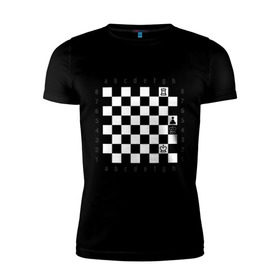 Мужская футболка премиум с принтом Шахматная комбинация 1 в Тюмени, 92% хлопок, 8% лайкра | приталенный силуэт, круглый вырез ворота, длина до линии бедра, короткий рукав | Тематика изображения на принте: комбинация | шахматист | шахматная доска | шахматы