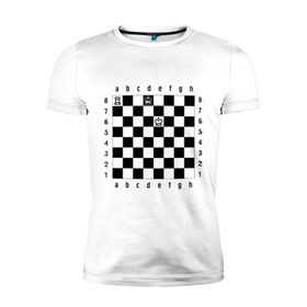Мужская футболка премиум с принтом Комбинация Шах в Тюмени, 92% хлопок, 8% лайкра | приталенный силуэт, круглый вырез ворота, длина до линии бедра, короткий рукав | Тематика изображения на принте: checkmate | мат | шах | шах и мат | шахматист | шахматная доска | шахматы