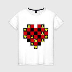 Женская футболка хлопок с принтом Шахматное сердце в Тюмени, 100% хлопок | прямой крой, круглый вырез горловины, длина до линии бедер, слегка спущенное плечо | chess | i love chess | сердце | шахматы | я люблю шахматы