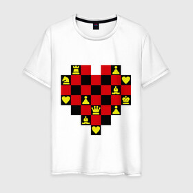 Мужская футболка хлопок с принтом Шахматное сердце в Тюмени, 100% хлопок | прямой крой, круглый вырез горловины, длина до линии бедер, слегка спущенное плечо. | chess | i love chess | сердце | шахматы | я люблю шахматы