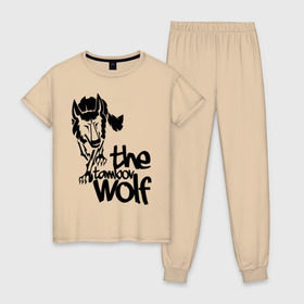 Женская пижама хлопок с принтом тамбовский волк в Тюмени, 100% хлопок | брюки и футболка прямого кроя, без карманов, на брюках мягкая резинка на поясе и по низу штанин | wolf | волк | животные