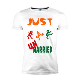 Мужская футболка премиум с принтом just unmarried или ура развод! в Тюмени, 92% хлопок, 8% лайкра | приталенный силуэт, круглый вырез ворота, длина до линии бедра, короткий рукав | брак | жена | замужество | муж | о жизни | разводиться | расставание | семья | супруга | супружество