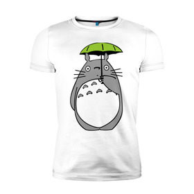Мужская футболка премиум с принтом totoro с зонтом в Тюмени, 92% хлопок, 8% лайкра | приталенный силуэт, круглый вырез ворота, длина до линии бедра, короткий рукав | Тематика изображения на принте: anime | totoro | аниме | кот totoro | тоторо