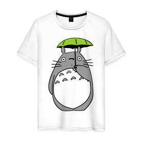 Мужская футболка хлопок с принтом totoro с зонтом в Тюмени, 100% хлопок | прямой крой, круглый вырез горловины, длина до линии бедер, слегка спущенное плечо. | anime | totoro | аниме | кот totoro | тоторо
