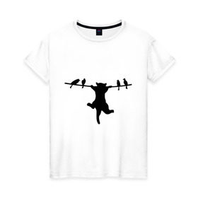 Женская футболка хлопок с принтом Котенок и птички в Тюмени, 100% хлопок | прямой крой, круглый вырез горловины, длина до линии бедер, слегка спущенное плечо | 