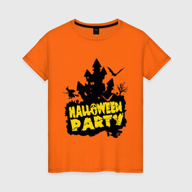 Женская футболка хлопок с принтом Halloween party-замок в Тюмени, 100% хлопок | прямой крой, круглый вырез горловины, длина до линии бедер, слегка спущенное плечо | halloween | halloween party замок | party | замок | праздники | хэллоуин